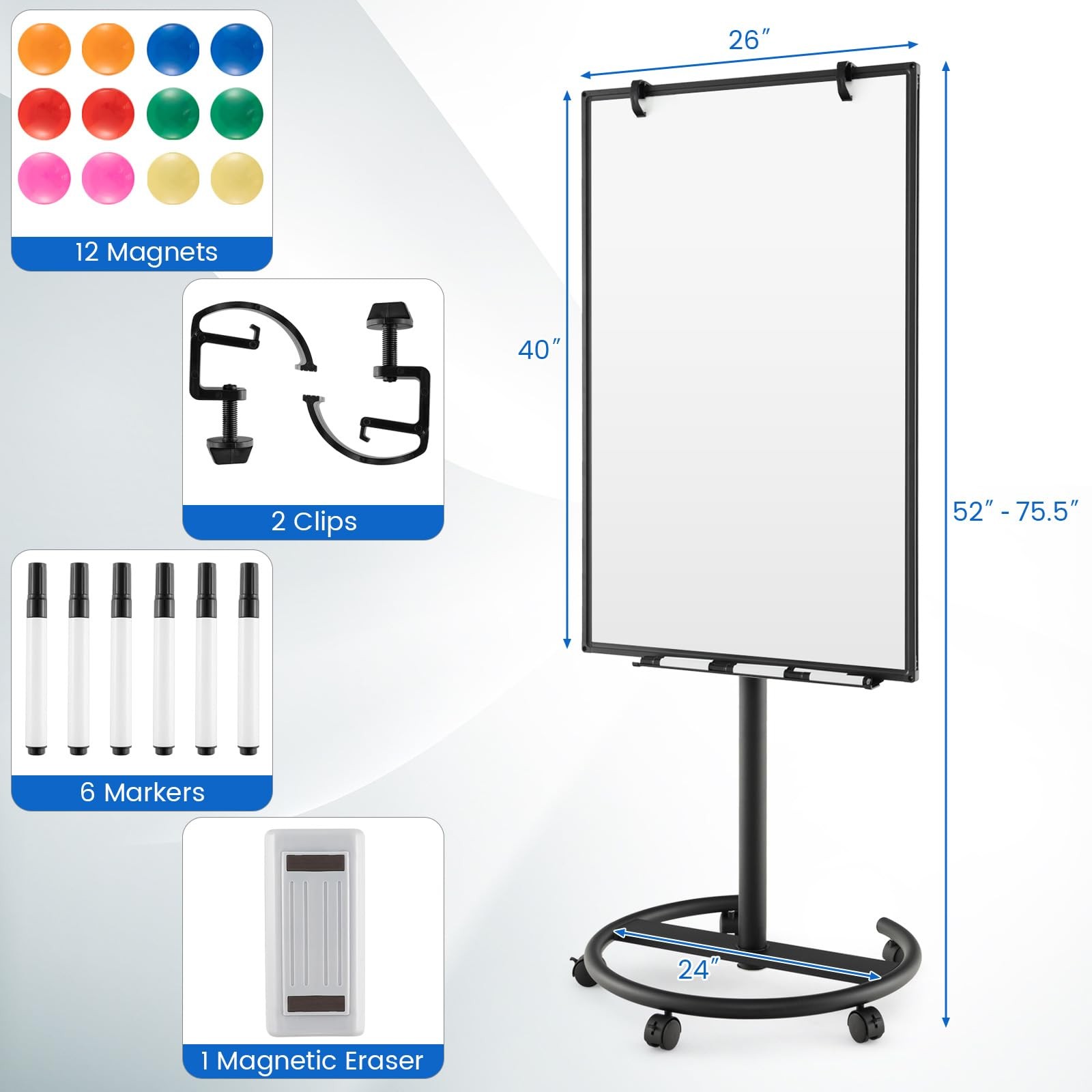 40“x26” Rolling White Board,Height Adjustable Magnetic Dry Erase Board on Wheels