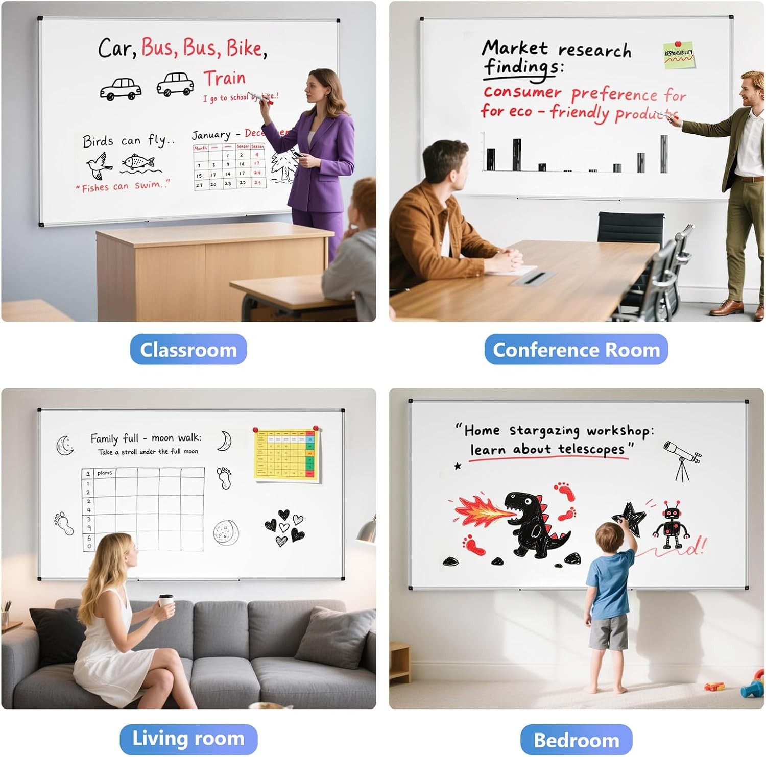 Magnetic Dry Erase Whiteboard 40 x 72 inch White Board Wall-Mounted Silver Frame