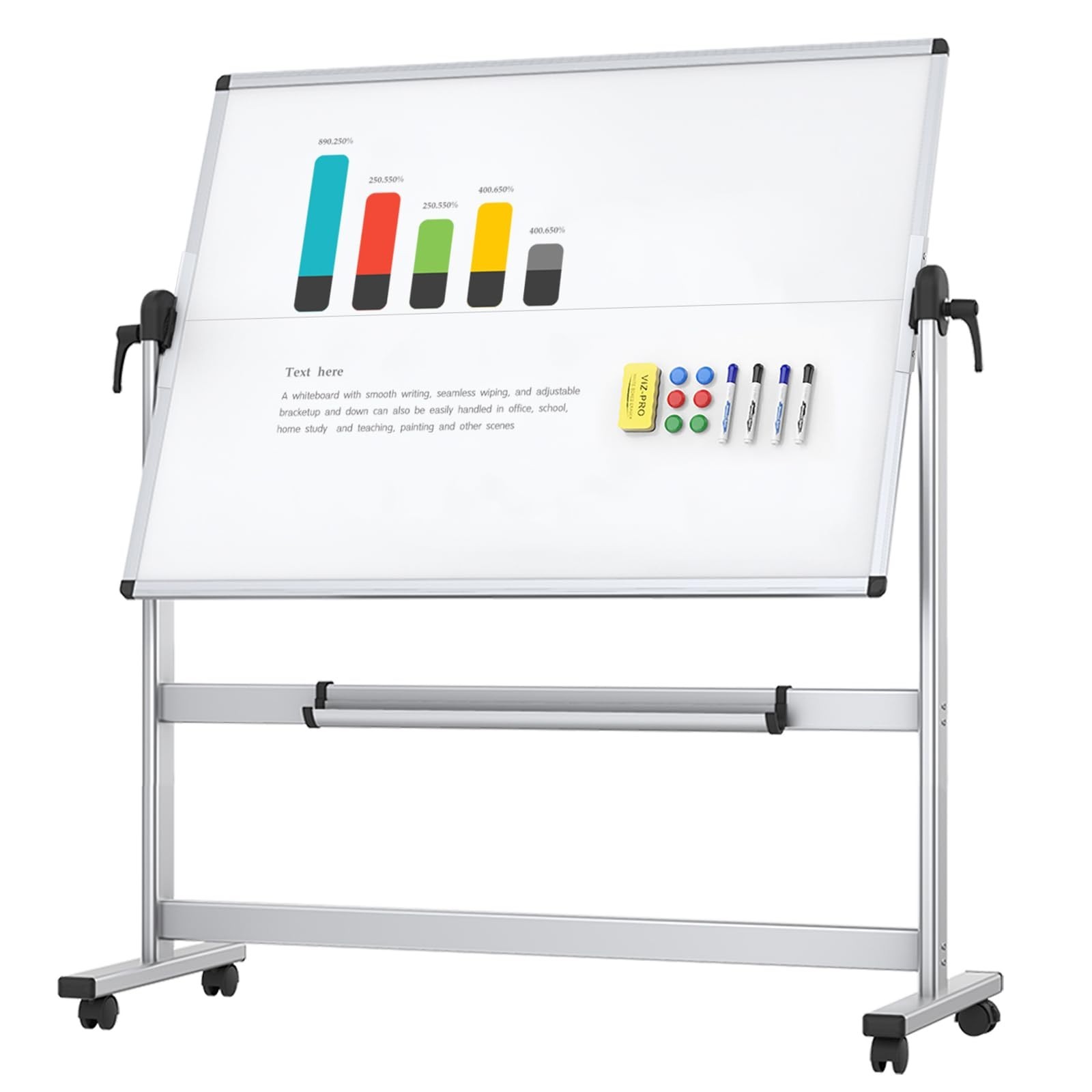 VIZ-PRO Double-Sided Mobile Whiteboard 48 x 36″ Magnetic Rolling Dry Erase Board