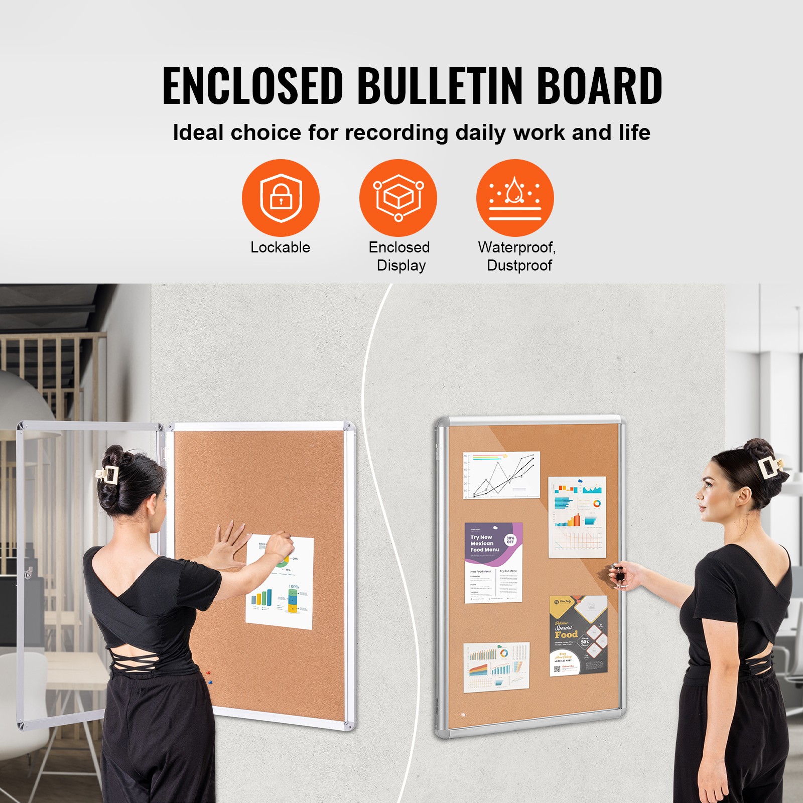 Wall Mount 36″x24″ Enclosed Cork Board Aluminum Frame Lockable Bulletin Board