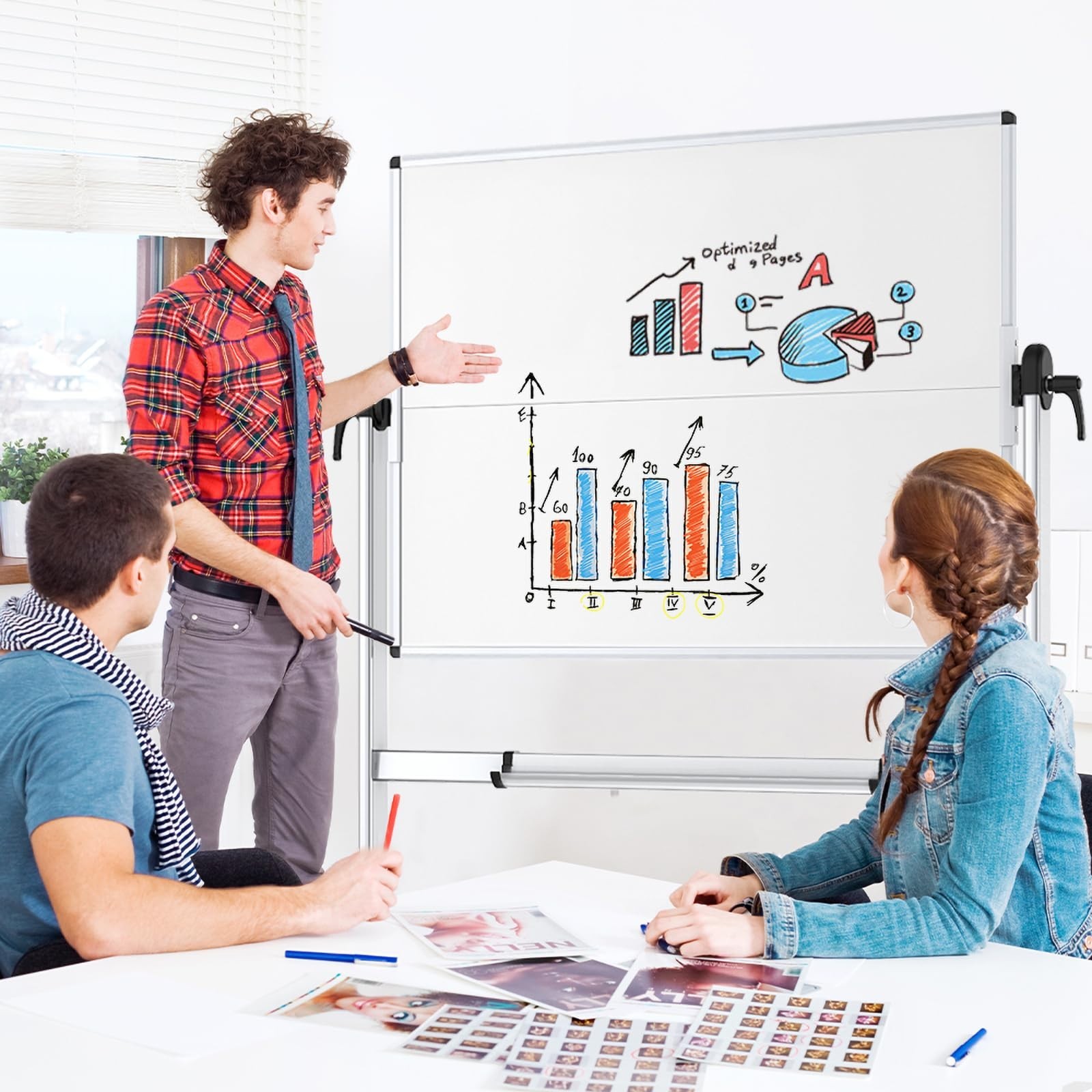 VIZ-PRO Double-Sided Mobile Whiteboard 48 x 36″ Magnetic Rolling Dry Erase Board