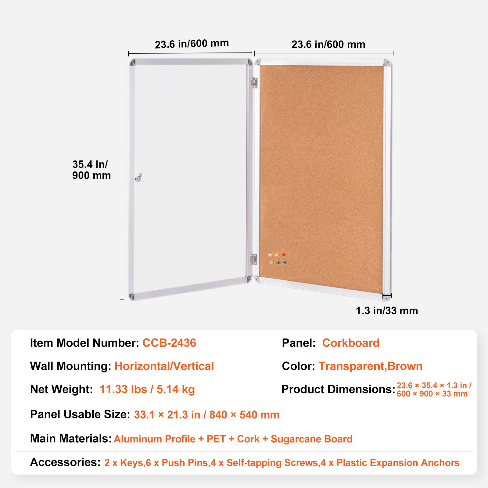 36″x24″ Enclosed Cork Board Wall Mount Aluminum Frame Lockable Bulletin Board