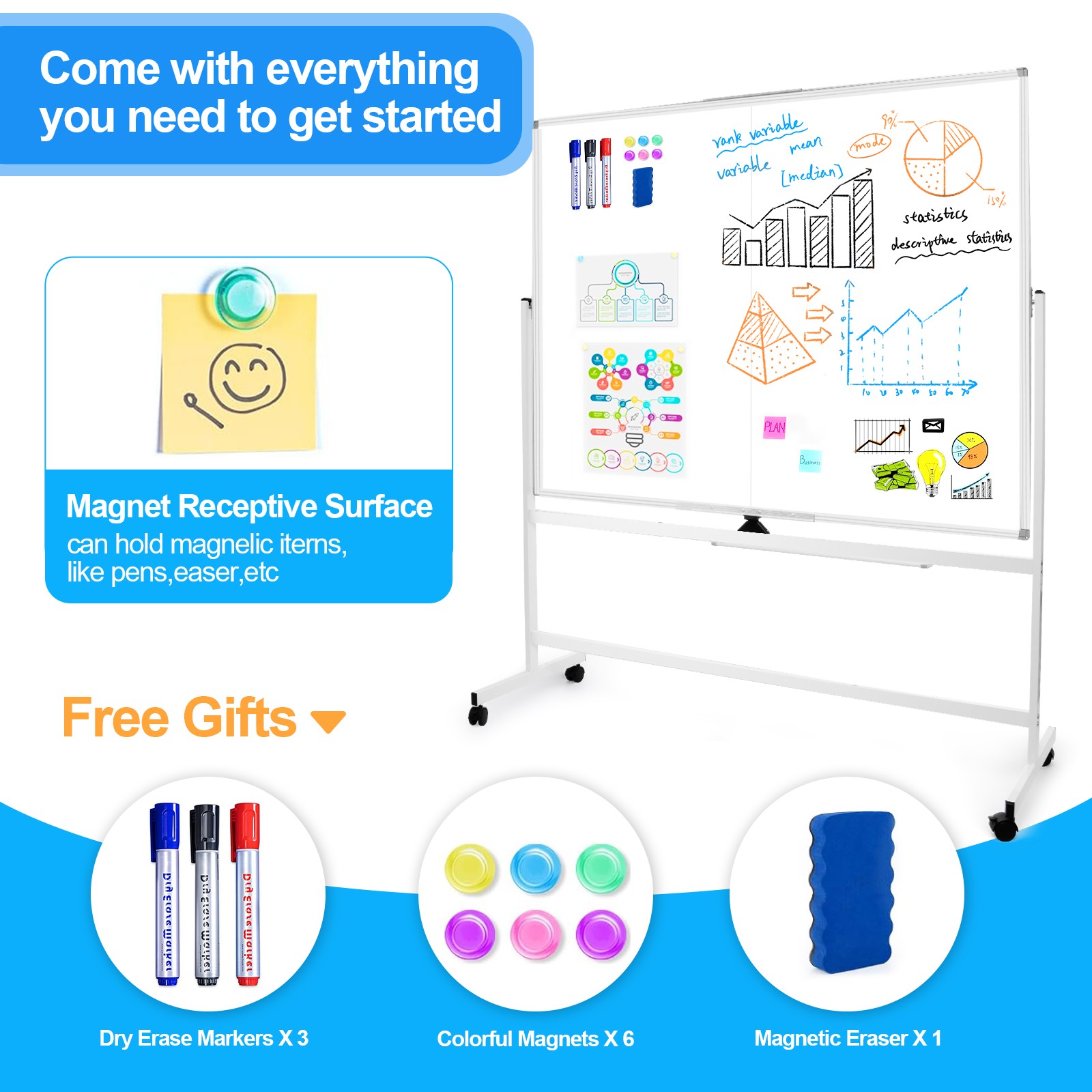 60 x 48 Double Sided Rolling Whiteboard Mobile Magnetic Dry Erase Board w/ Stand