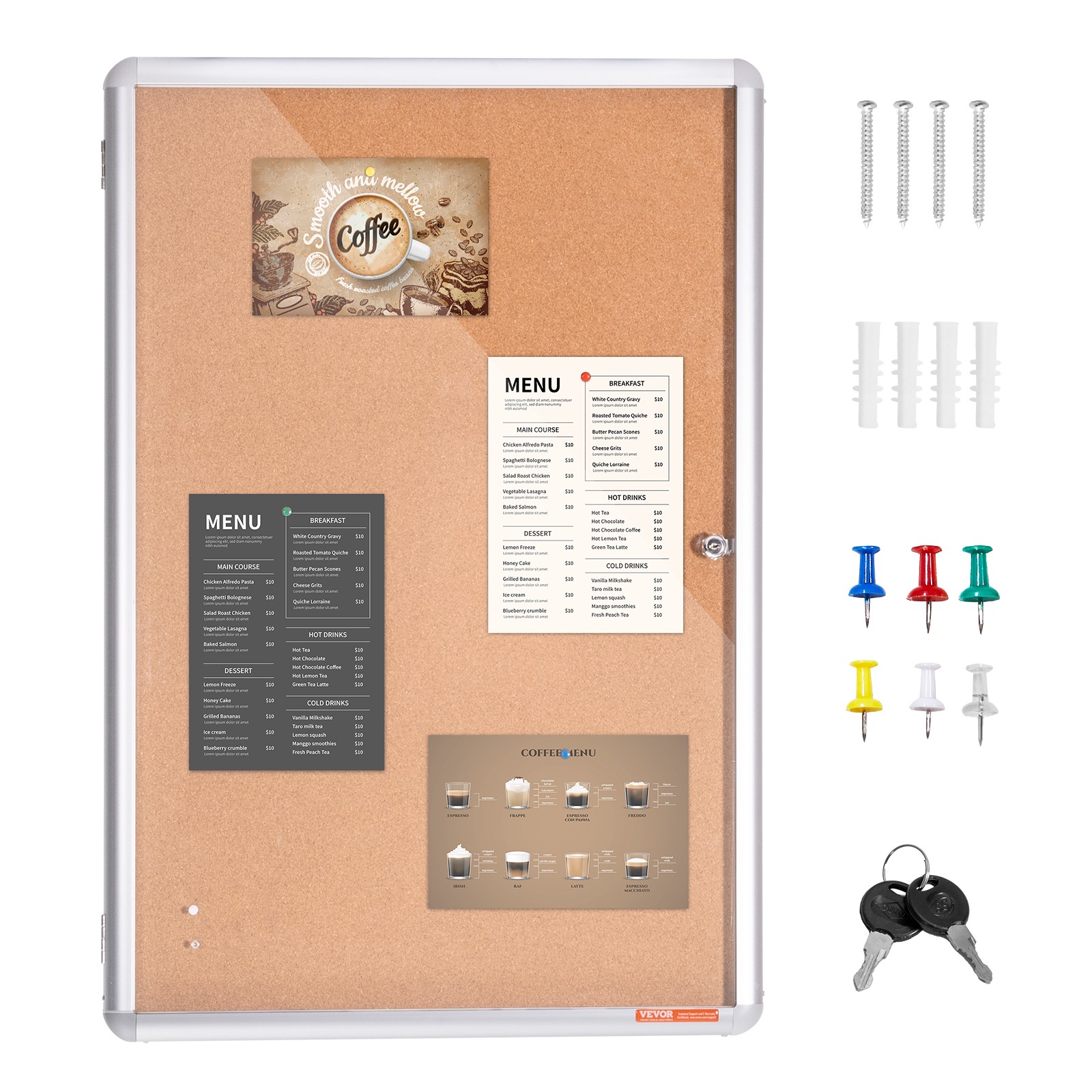 Wall Mount 36″x24″ Enclosed Cork Board Aluminum Frame Lockable Bulletin Board