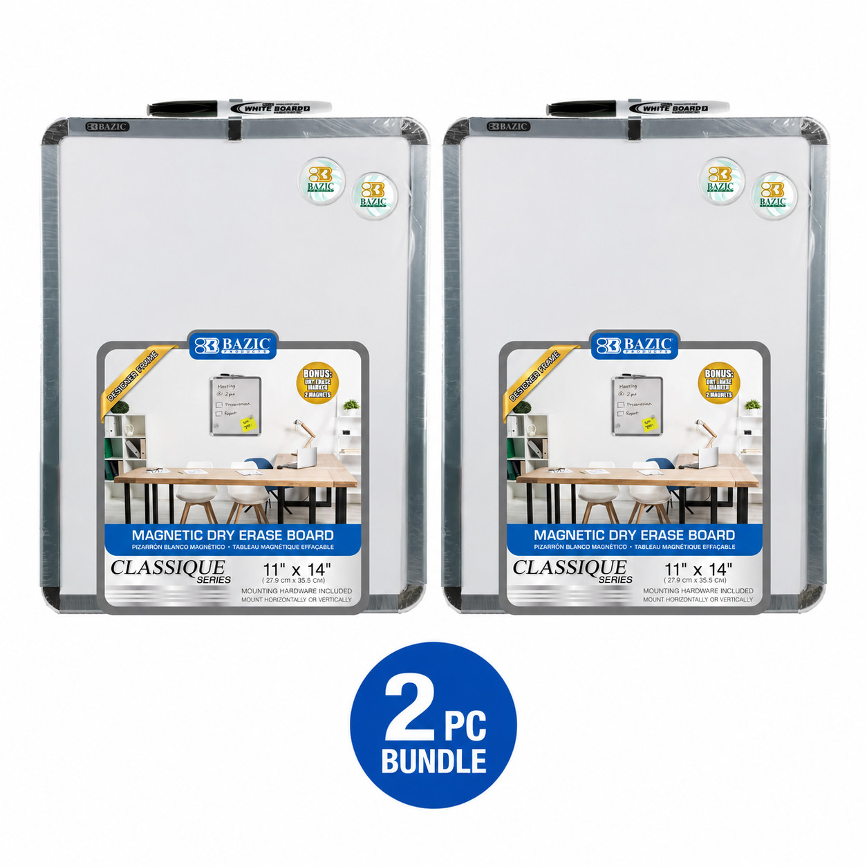 2PC – BAZIC 11″ X 14″ CLASSIQUE Magnetic Dry Erase Board w/ Marker & 2 Magnets
