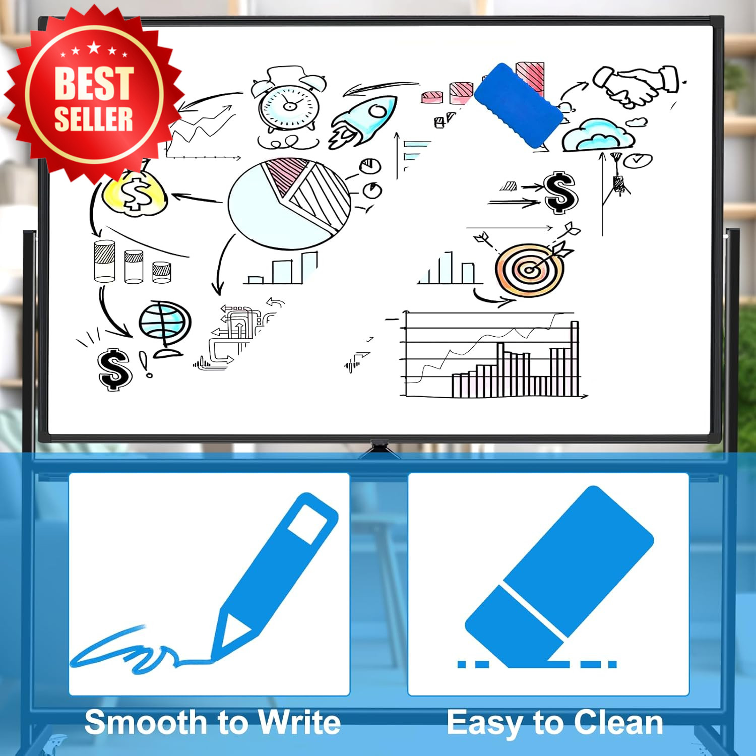 Rolling White Board on Wheels 72×40 Double-Sided Magnetic Dry Erase Board US
