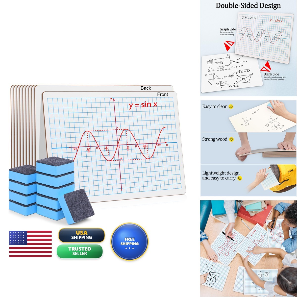 Grid Whiteboard Coordinate XY Axis Graph 9″x12″ Dry Erase 10 Pack Double-Sided