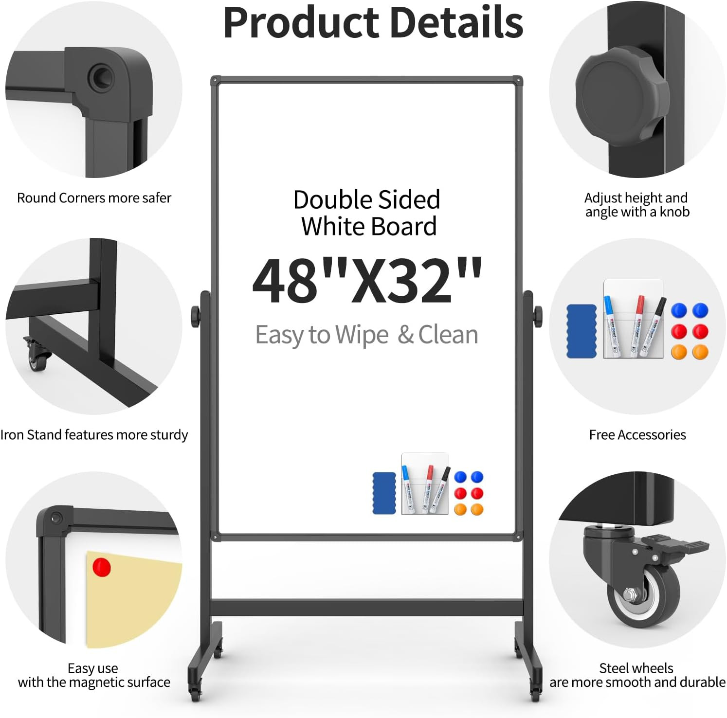 Mobile 48×32″ Double-Sided Whiteboard on Wheels – Adjustable Height & Magnetic