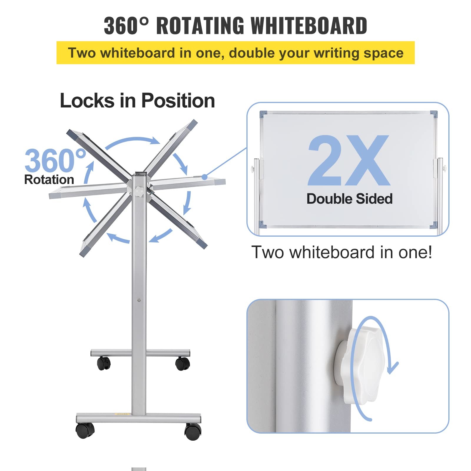 VEVOR Mobile Magnetic Whiteboard, 36 x 24 Inch, Double 24″W x 55.1″H, White
