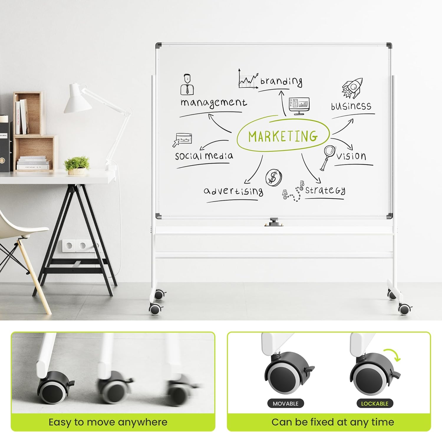 48×36″ Double-Sided Rolling Whiteboard on Wheels – Magnetic Dry Erase Board