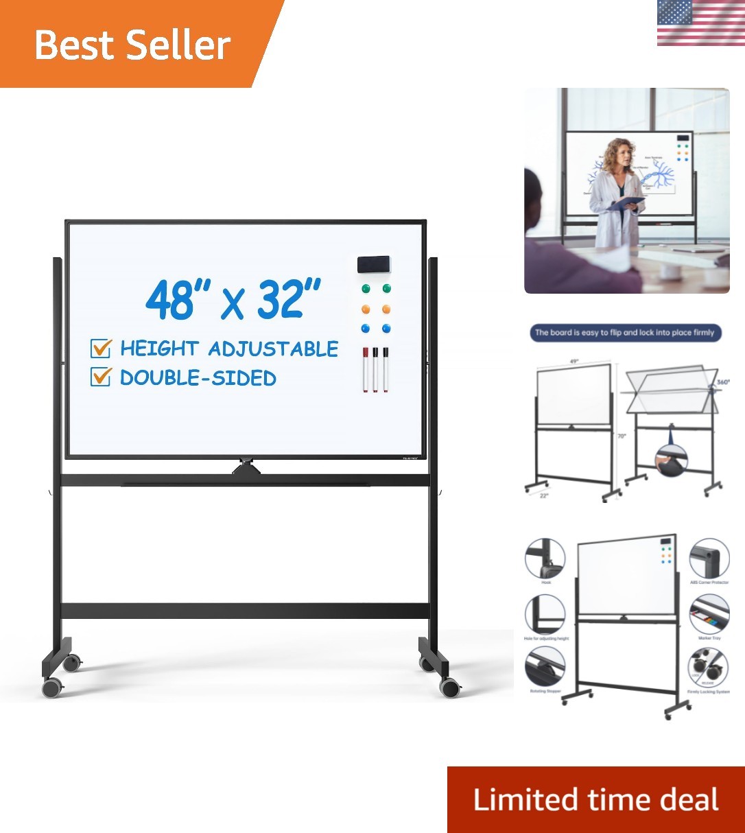 Large Rolling Whiteboard – Dry Erase Magnetic 48 x 32 Inches White Board Heig…