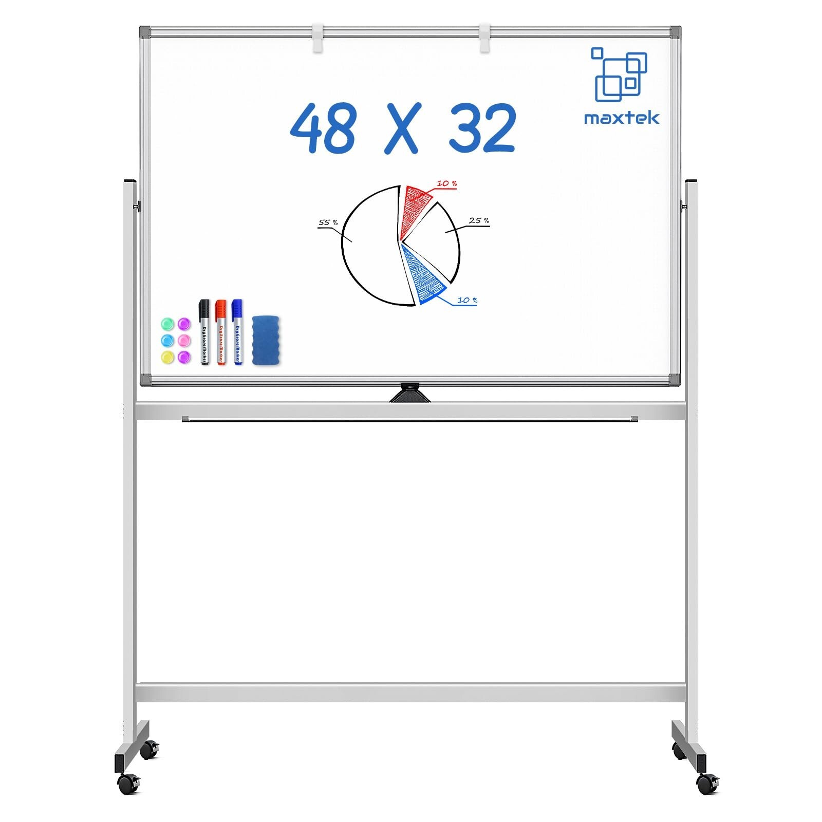 Large Rolling White Board, 48 x 32 inches Double-Sided Mobile Whiteboard, max…
