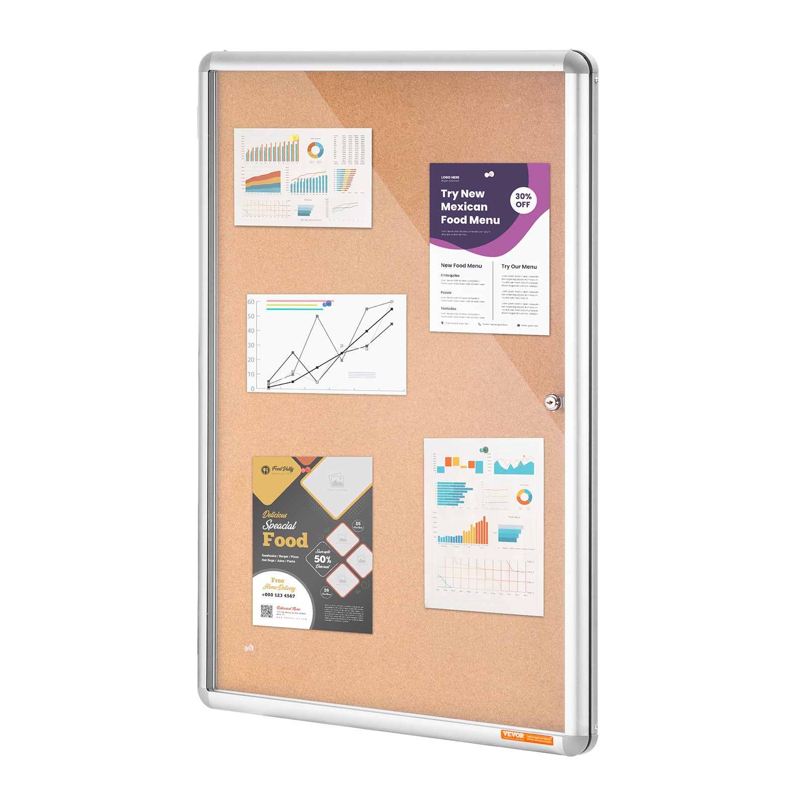 Wall Mount 36″x24″ Enclosed Cork Board Aluminum Frame Lockable Bulletin Board