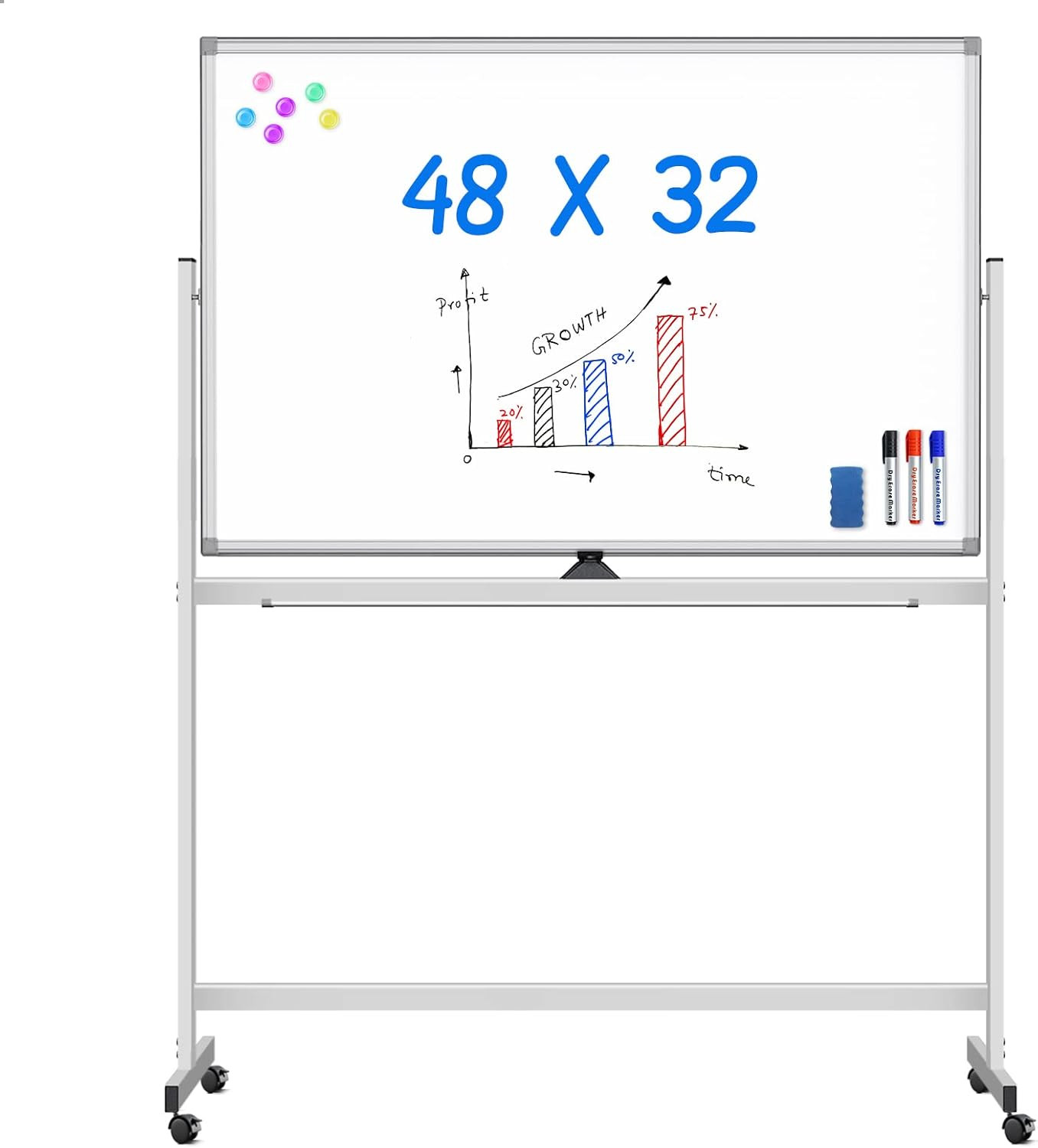 Rolling White Board on Wheels 48X32 Inch Double Side Magnetic Dry Erase Board wi