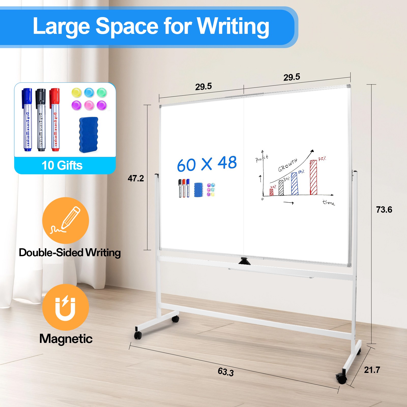 60 x 48 Double Sided Rolling Whiteboard Mobile Magnetic Dry Erase Board w/ Stand