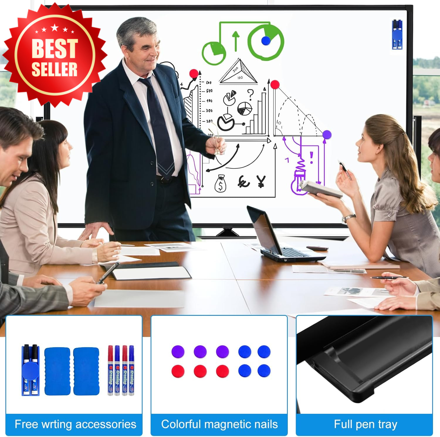 Rolling White Board on Wheels 72×40 Double-Sided Magnetic Dry Erase Board US