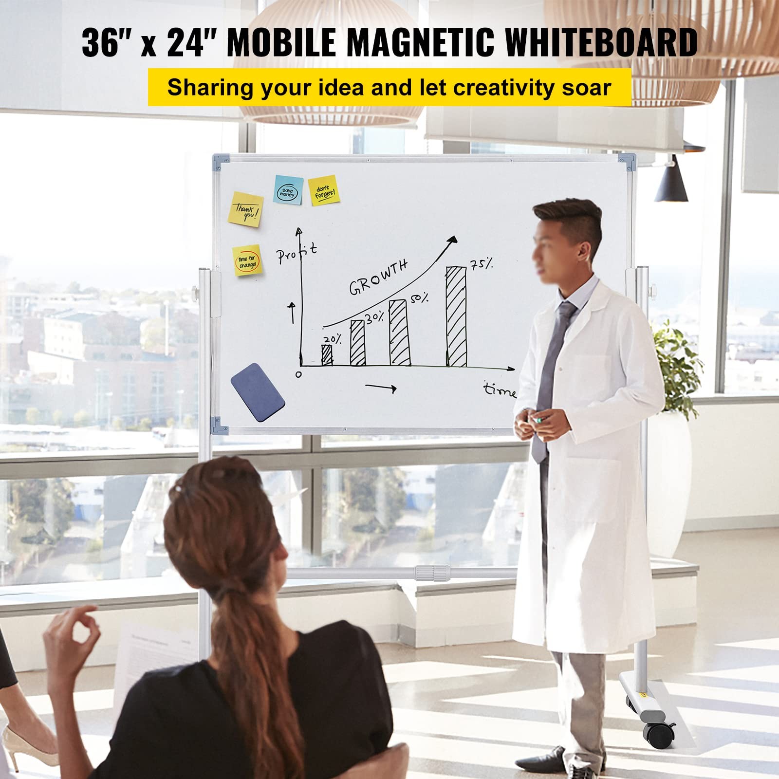 VEVOR Mobile Magnetic Whiteboard, 36 x 24 Inch, Double 24″W x 55.1″H, White