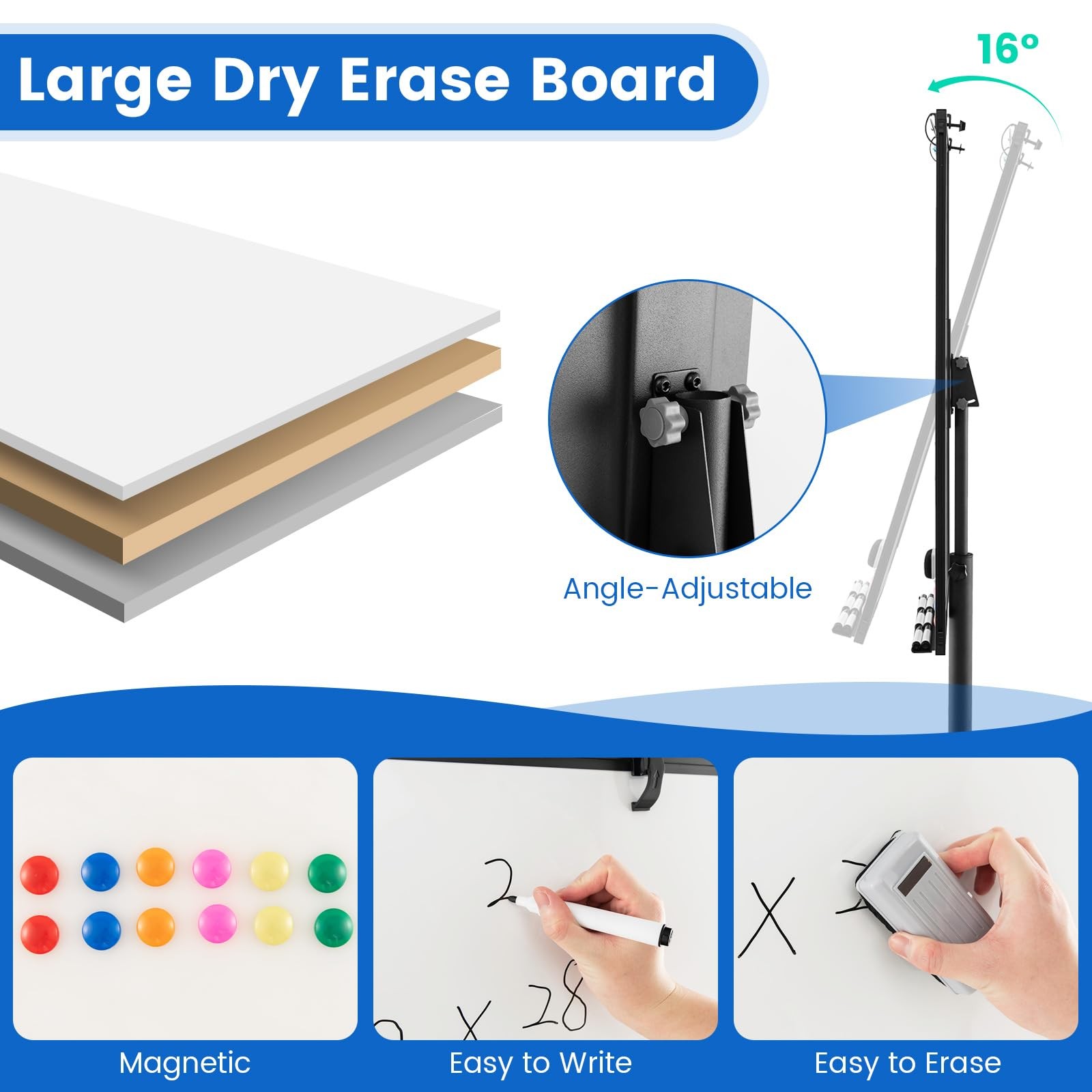 40“x26” Rolling White Board,Height Adjustable Magnetic Dry Erase Board on Wheels