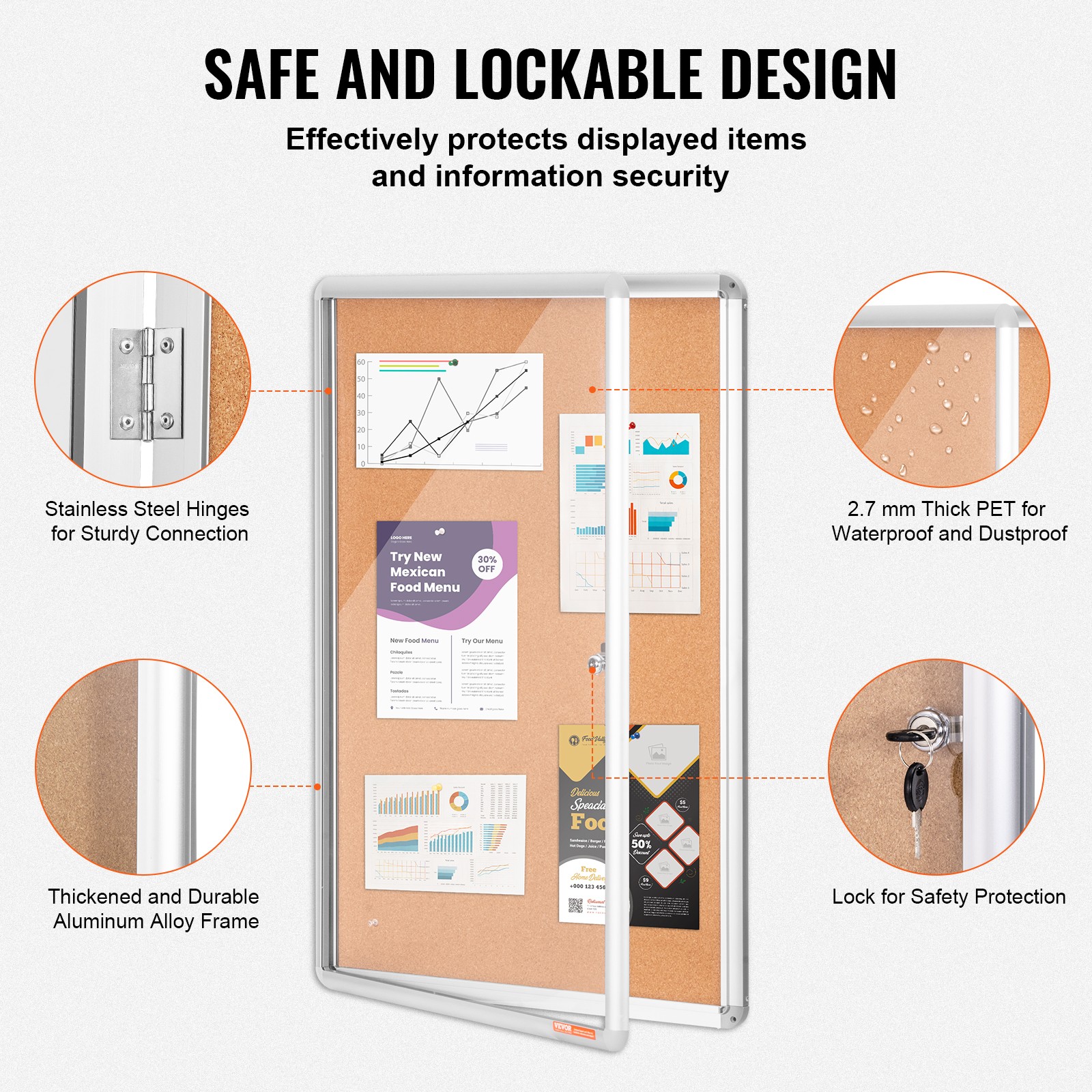 36″x24″ Enclosed Cork Board Wall Mount Aluminum Frame Lockable Bulletin Board