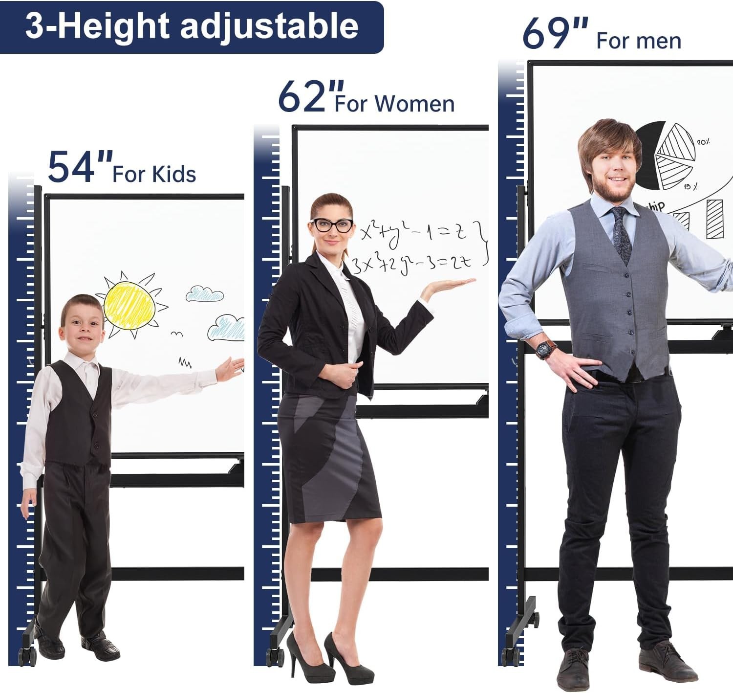 Large Rolling Whiteboard – Dry Erase Magnetic 48 x 32 Inches White Board Heig…