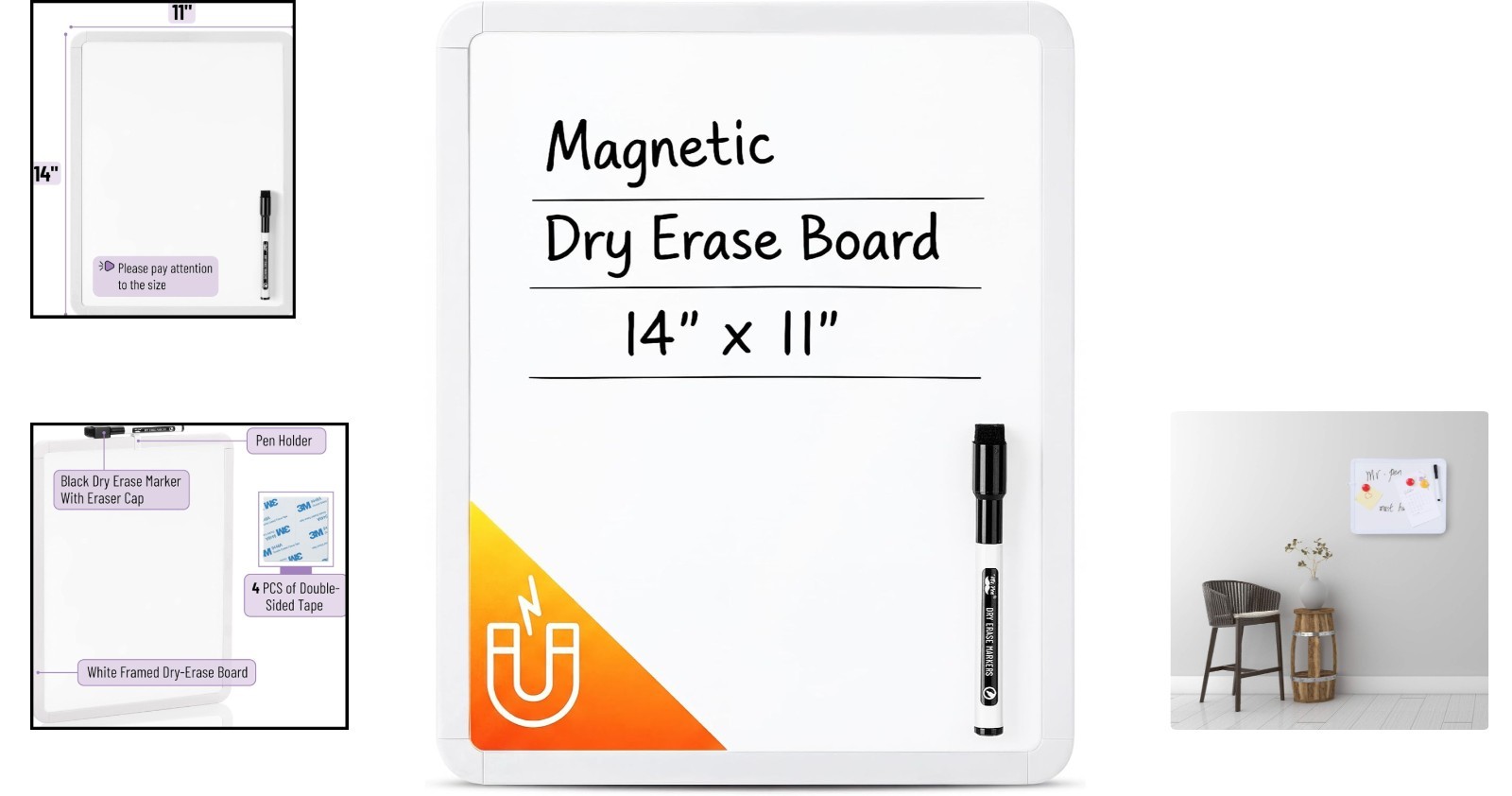 Student-Friendly 14” x 11” White Dry Erase Board with Easy Wall Mount & Marker