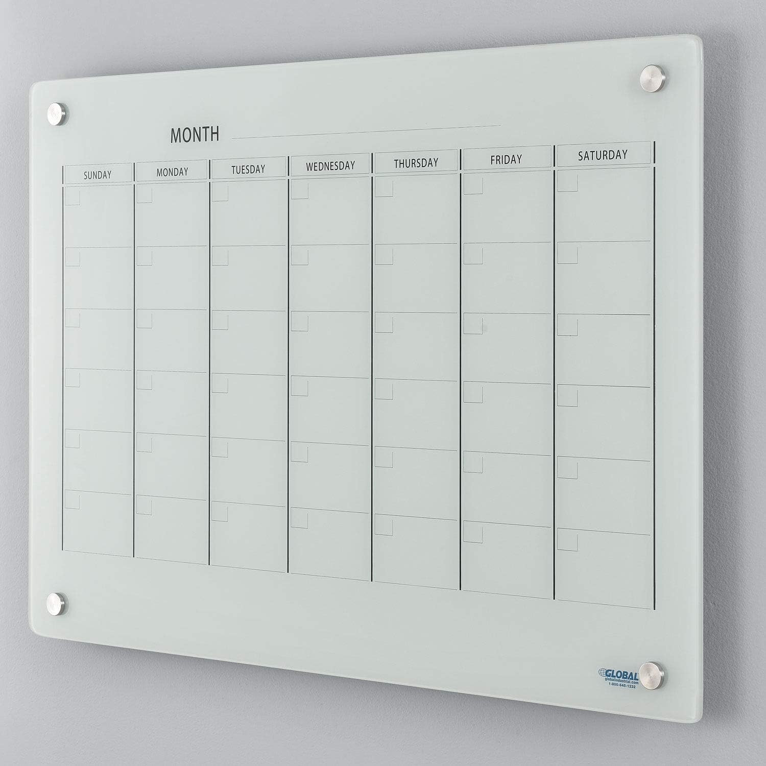 36″ W X 24″ H Magnetic Glass Calendar Dry Erase Board, White, 6-Week Undated Cal