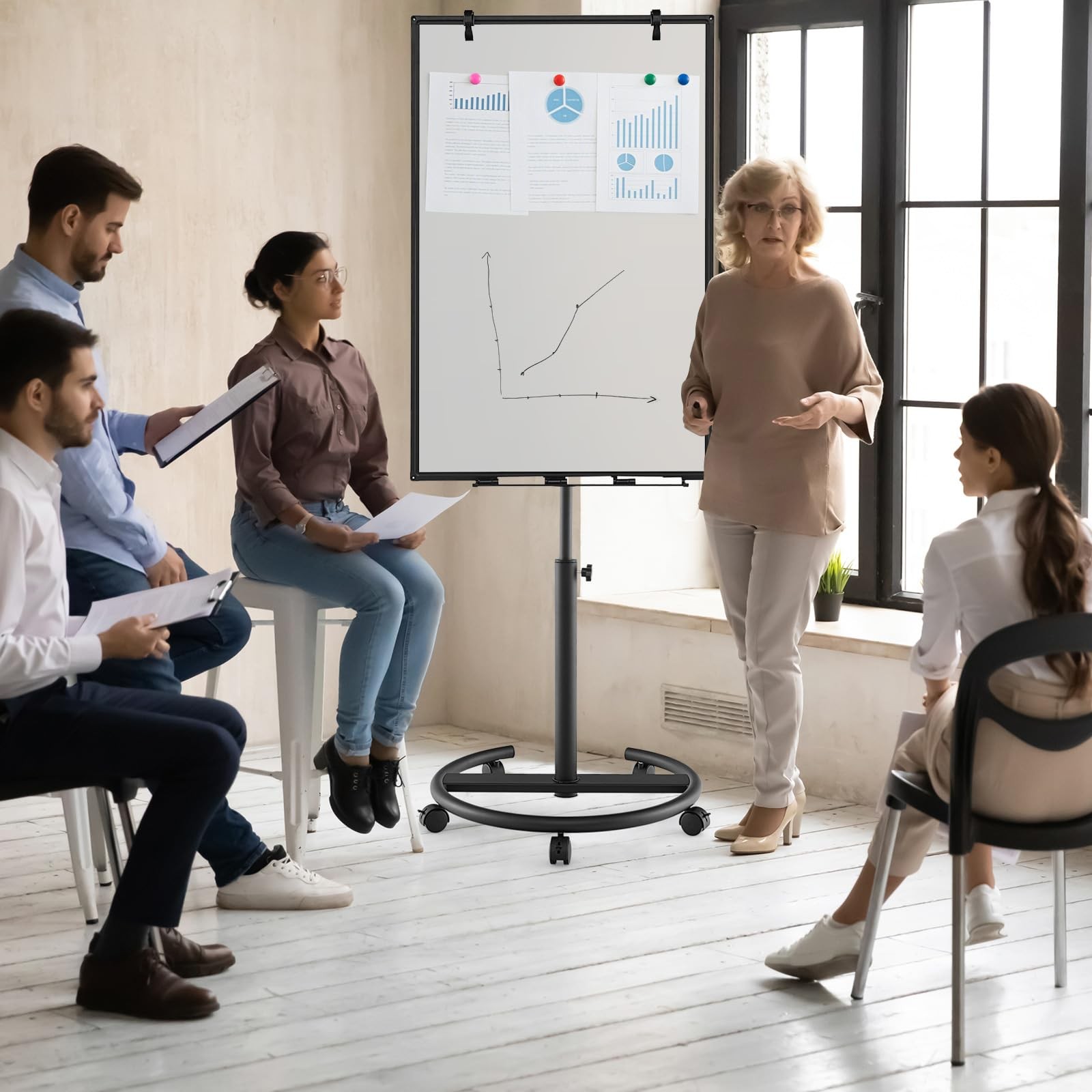 40“x26” Rolling White Board,Height Adjustable Magnetic Dry Erase Board on Wheels