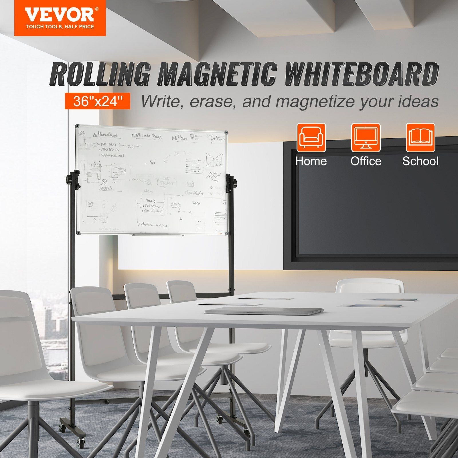Adjustable 36x24in Double-face Whiteboard, Smooth Moving on All-Terrain Wheels