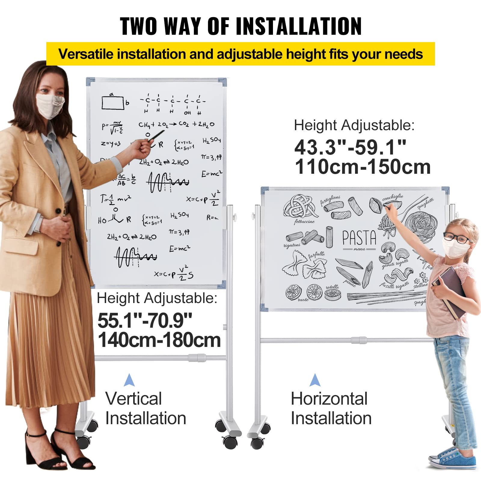 VEVOR Mobile Magnetic Whiteboard, 36 x 24 Inch, Double 24″W x 55.1″H, White