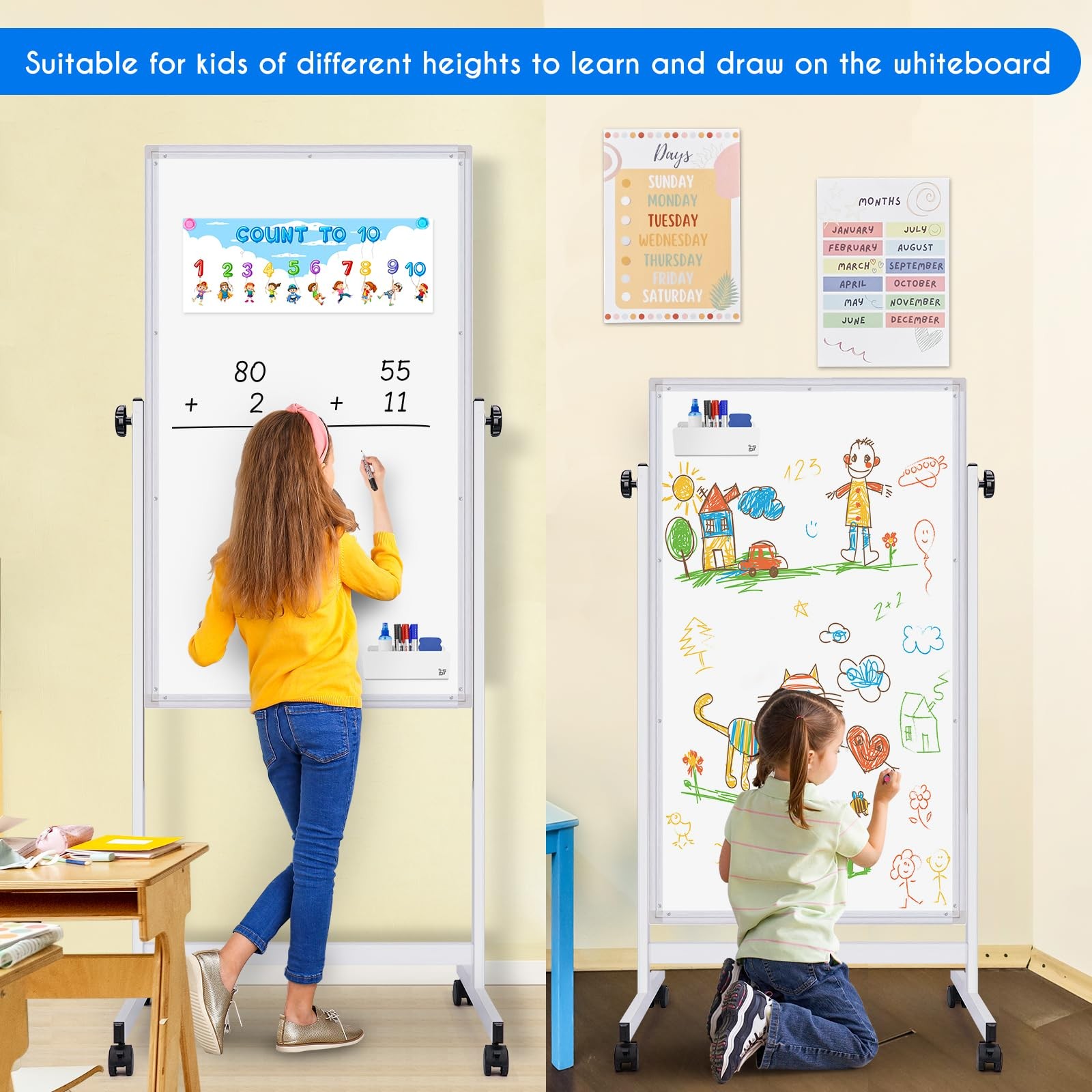 Rolling White Board, 48 x 32 Height Adjustable Whiteboard on Wheels, Large Ma…