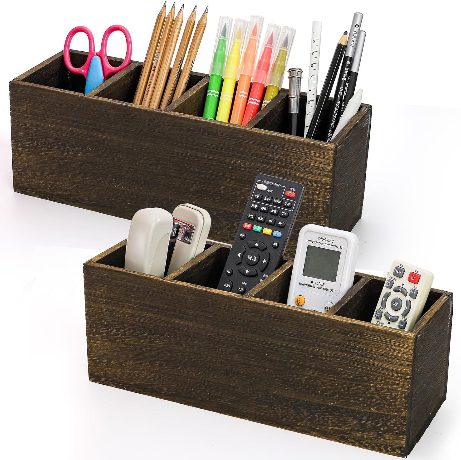 2 Pack Wooden Pencil Holder Desk Rustic Wood Remote Control Holder Caddys Retro