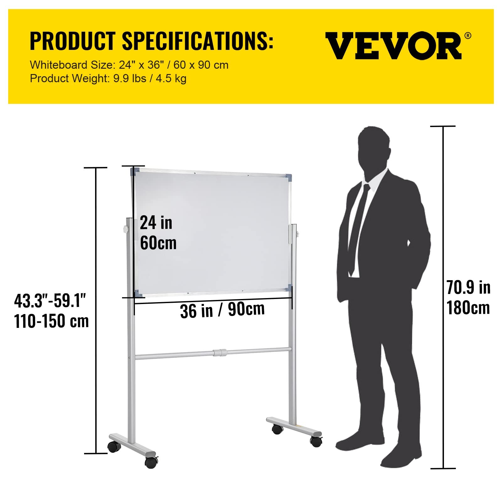 VEVOR Mobile Magnetic Whiteboard, 36 x 24 Inch, Double 24″W x 55.1″H, White